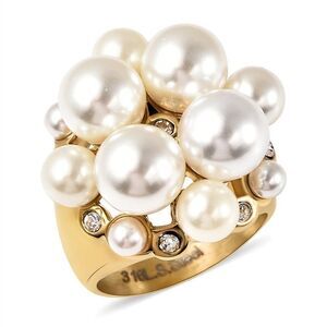 Simulated Pearl and Austrian Crystal Floral Ring in ION Plated Yellow Gold Sz 8